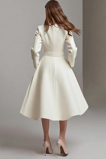 Ivory Long Sleeve A-Line Round Neck Midi Work Dress With Belt